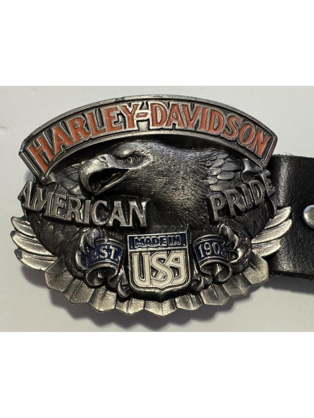 1992 Harley Davidson Baron American Pride Belt Buckle H417 USA + HD Leather Belt